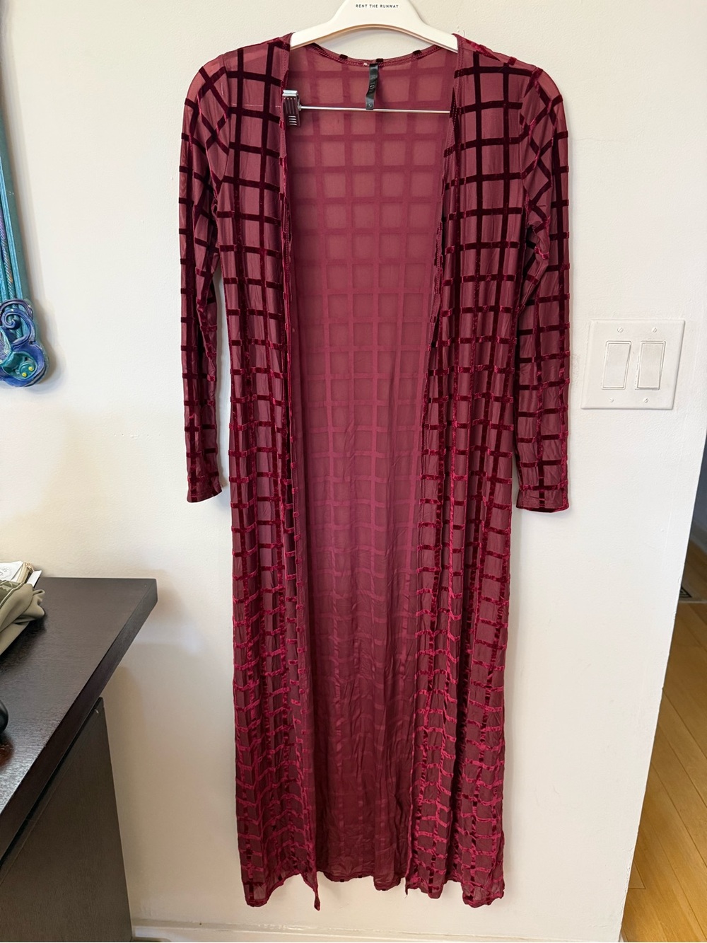 Long Open-Front Burgundy Grid Duster kimono